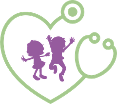 Logo Dra. Carolina Yi — corazón con estetoscopio y niños
